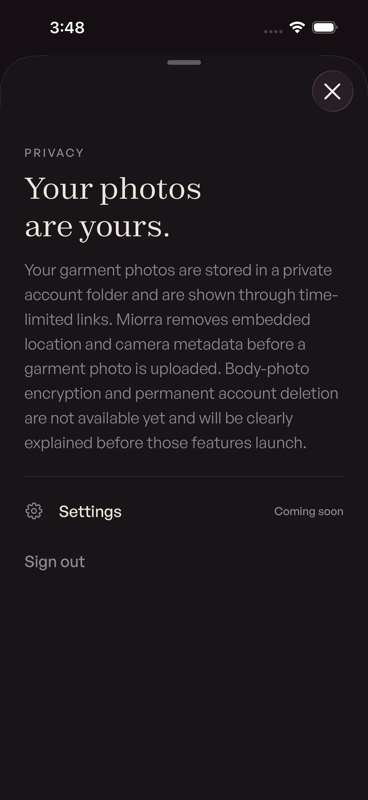Miorra iOS privacy sheet explaining private garment storage and body-photo release gates