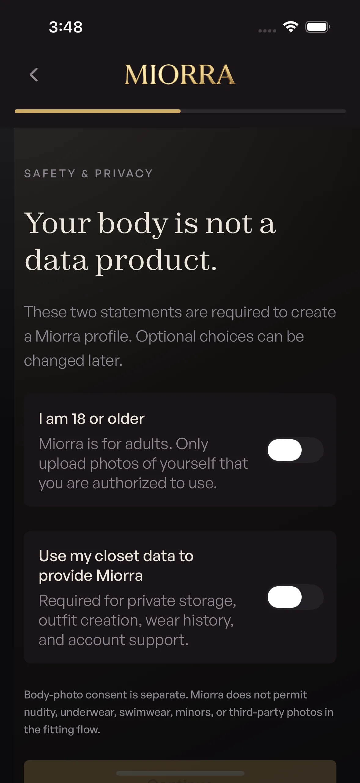 Miorra iOS onboarding screen with adult and core-processing consent controls