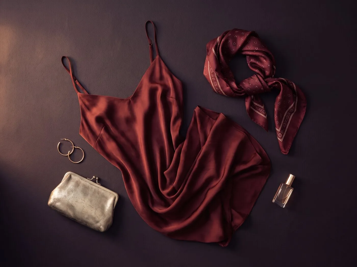 The evening ease. composed from garments and accessories on a dusk-toned surface